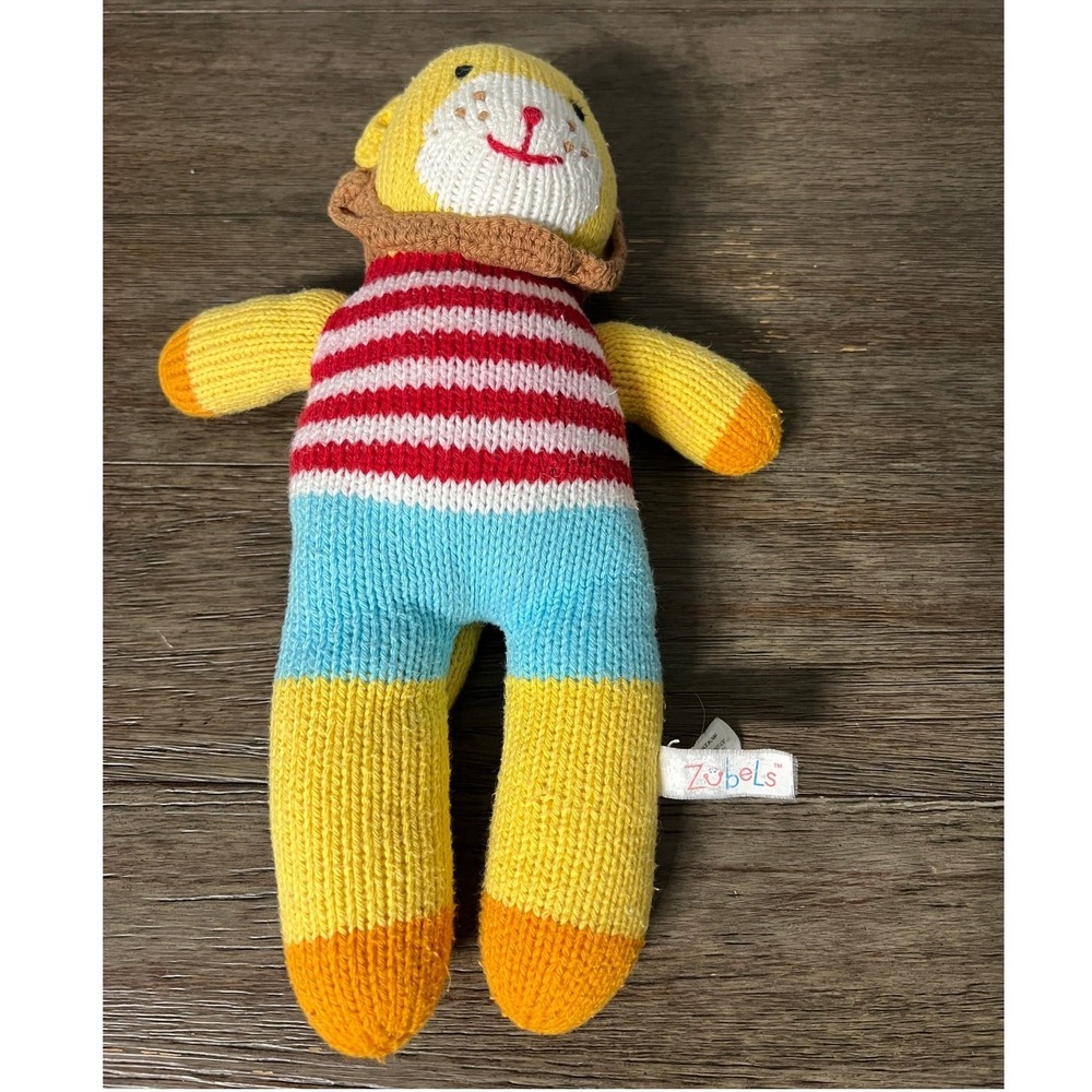 Zubels Hand Knit Lion Plush Stuffed Animal Striped Cotton Nursery Toy Multicolor